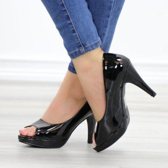 Black Patent Peep Toe High Heel Platform Pump - Picture 9 of 11